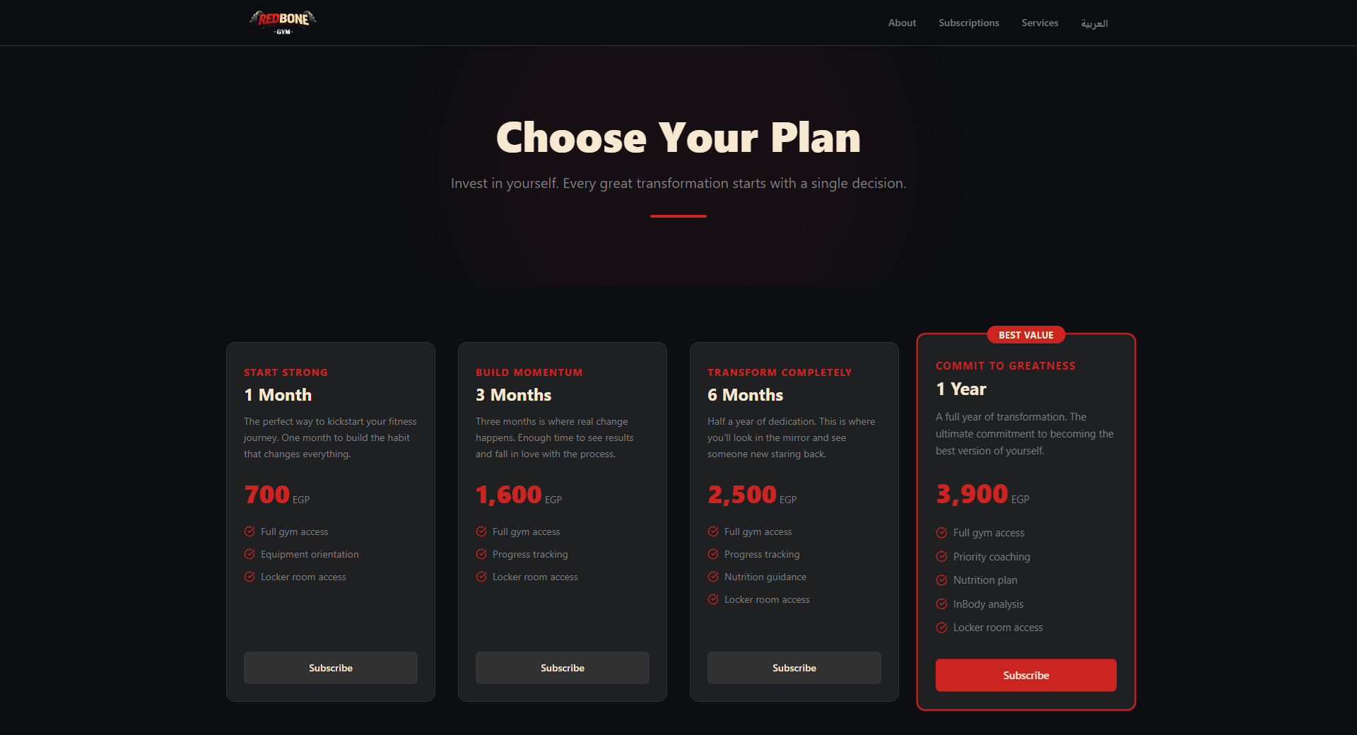 RedBone Gym website, full page view 1